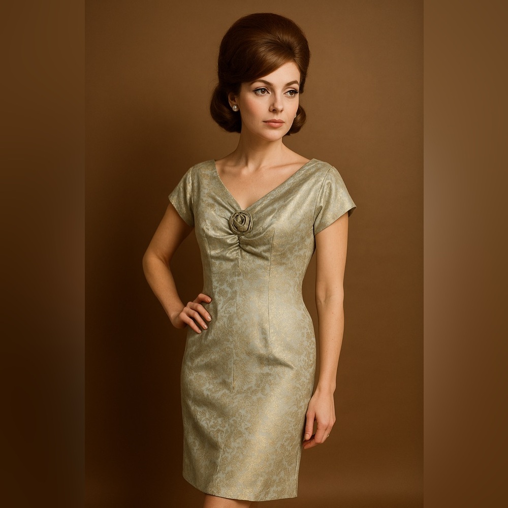 Vintage 1960s Marie Von Vehm Silver Brocade Cocktail Dress w/ Rose Detail Small - Picture 1 of 6